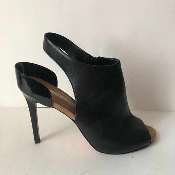 Diane Von Furstenburg black leather sling back peep toe stiletto heels - Picture 4 of 12
